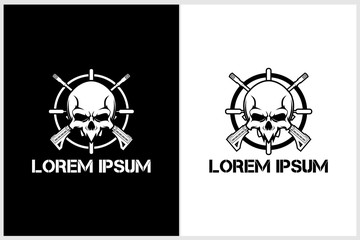 skull head with crosshair and rifle vector logo template