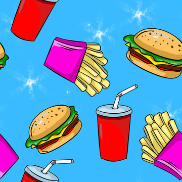 Seamless pattern with french fries, burger and cola on pink background. Wallpaper, wrapping paper and fabric design. 