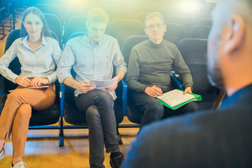 Speaker Giving a Talk at Business Meeting. Audience in the conference 

hall. Business and...