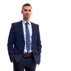 business, people and office concept - happy smiling businessman in suit