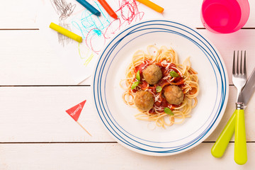 Kid's meal (dinner) - spaghetti and meatballs © pinkyone