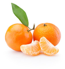 Two tangerines with leaves and peeled pieces isolated on white background
