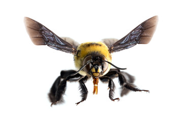 Photos of bee flying with white background, bee isolated, macro photography of bee in high resolution, dangerous bees.