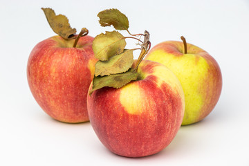 Three red apples on a white background.
