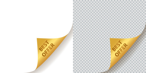 Best Offer - Golden Corners with realistic transparent shadow isolated on white and transparent backgrounds. Paper sheet with gold curled corners set. Vector Design Element.