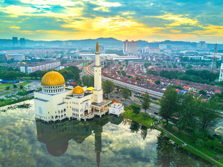 Aerial view of Puchong Mosque during sunrise moment at Selangor, Malaysia