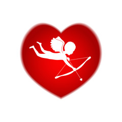Cupid with bow and arrow in the red heart isolated on white background. Valentine's Day greeting illustration. Vector design element.