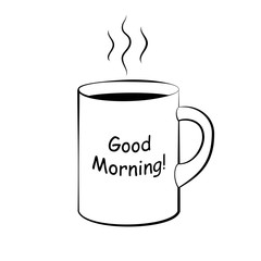 Black and white drawing of a cup. Silhouette of a cup of coffee. Lettering on coffee cup shape. EPS8