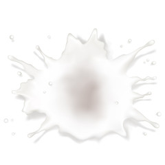 Milk splash with drops and shadow, isolated on white background. Design element for packaging of breakfast cereals, dairy products, vegetable milk and organic cosmetics