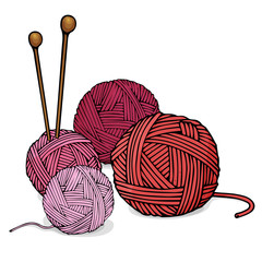 Balls of different colors of wool for knitting and knitting needles. Colorful vector illustration in sketch style.