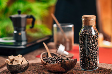 Concept Of Making Coffee, Coffee Beans And Moka Pot