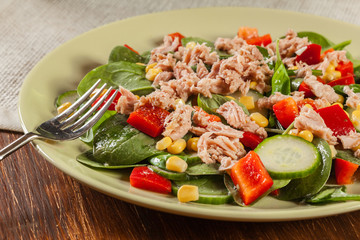 Fresh spinach salad with tuna, cucumber, corn, and red paprika on a plate
