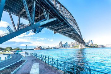 SYDNEY, AUSTRALIA - SEPTEMBER 09, 2016: Harbor Bridge Sydney and Opera House with blue skies