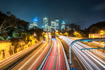 multi lane cross city highway in Sydney, Australia, from above towards city CBD.