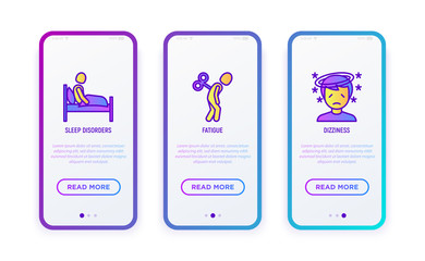 Neurosis thin line icons set: sleep disorders, fatigue, dizziness. Vector illustration for user mobile interface.
