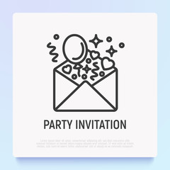 Party invitation: envelope with balloons and hearts thin line icon. Modern vector illustration.