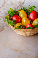 Easter eggs in the basket. Easter eggs on marble background.