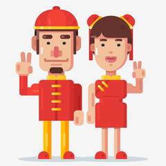 Young couple celebrate chinese new year with peace pose