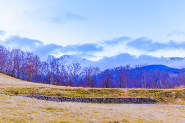Beautiful landscape view of  Hakuba in the winter with snow on the mountain and blue sky background in Nagano Prefecture Japan.