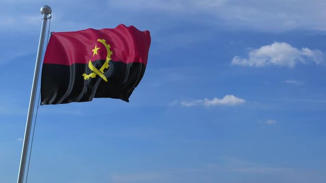 Commercial airplane landing behind waving Angolan flag. Travel to Angola conceptual animation