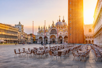 View of Basilica di San Marco and Campanile on piazza San Marco in Venice, Italy. Architecture and landmark of Venice. Sunrise cityscape of Venice.