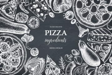 Vector frame with hand drawn  pizza ingradients sketches. Vintage menu, card, invitation, flyer or packaging design template. Top view fast food illustration. 