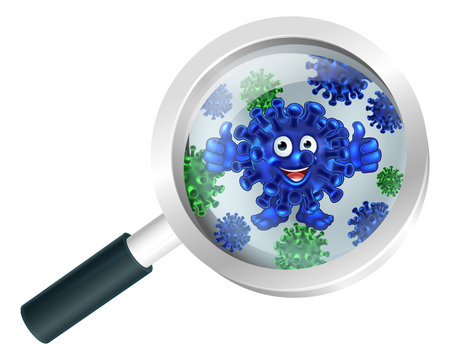A bacteria or virus cartoon mascot under a magnifying glass