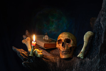 still life art photography on human skull skeleton with Vintage Old candle on wood