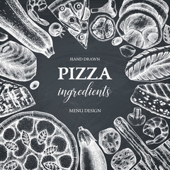 Naklejki  Rama wektor z ręcznie rysowane szkice składników pizzy. Szablon projektu Vintage menu, karty, zaproszenia, ulotki lub opakowania. Ilustracja fast food widok z góry.