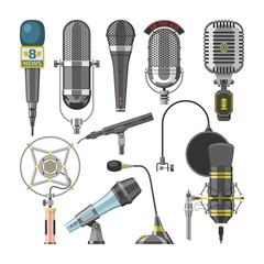 Microphone audio vector dictaphone and microphones for podcast broadcast or music record technology set of broadcasting concert equipment illustration isolated on white background