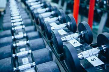 Rows of dumbbells in sport centre