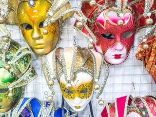 VENICE, ITALY - MAY 07, 2017: Souvenirs and carnival masks on street trading in Venice, Italy