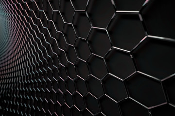 3D rendering of graphene surface, glossy black bonds