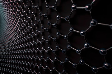 3D rendering of graphene surface, glossy black bonds and carbon atoms