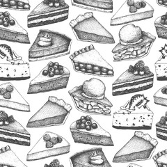 Vectorbackground with ink hand drawn fruit and berry baking illustration. Vintage design with traditional cake, tart and pie sketch. Sweet bakery menu. Seamless pattern © sketched-graphics