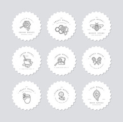 Vector set illustartion logos and design templates or badges. Organic and eco honey labels and tags with bees. Linear style.