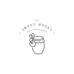 Vector illustartion logo and design template or badge. Organic and eco honey label- bottle of honey. Linear style.