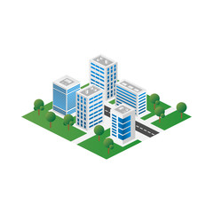 Megapolis 3d isometric three-dimensional view of the city. Collection of houses, skyscrapers, buildings, built and supermarkets with streets and traffic
