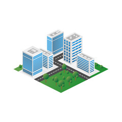Megapolis 3d isometric three-dimensional view of the city. Collection of houses, skyscrapers, buildings, built and supermarkets with streets and traffic