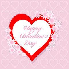 Happy Valentine's Day vector card with flower and red heart shape on pink background