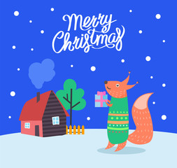 Merry Christmas Fox with Present Poster Vector