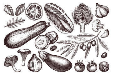 Vector Collection of  Hand drawn vegetables, spices, mushroomes sketches. Healthy Food illustration set.  Vintage Farm fresh products and ingredients. Autumn harvest drawings.