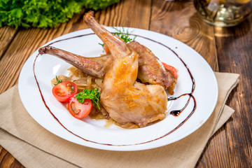 beautiful and tasty food on a plate. Fried rabbit
