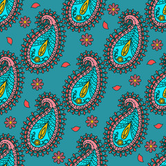 Seamless pattern, flower motive, folk art, hand drawn, paisley, green  background, multi-colored, vector illustration