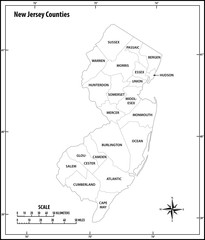 new jersey state outline administrative and political vector map in black and white
