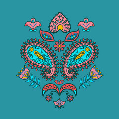 Set flowers elements, flower motive, folk art, hand drawn, green background, multi-colored, vector illustration