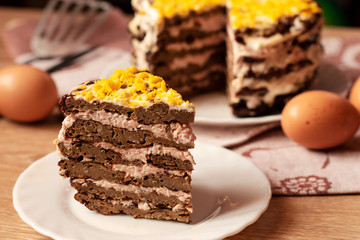 Liver cake with meat and egg, healthy protein food, rustic style.