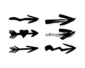 Hand drawn black six different arrows on white. Vector illustration.