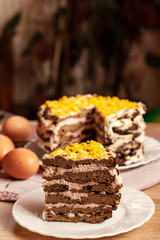 Liver cake with meat and egg, healthy protein food, rustic style.