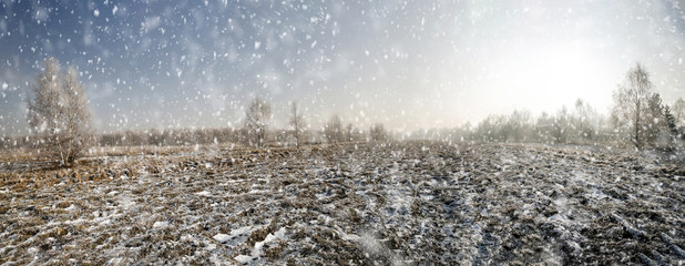Winter landscape of snow and frost with free space for your decoration 
